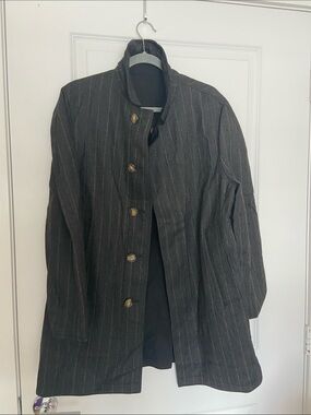 Men's Black Pinstripe Trench Coat with Stand Collar